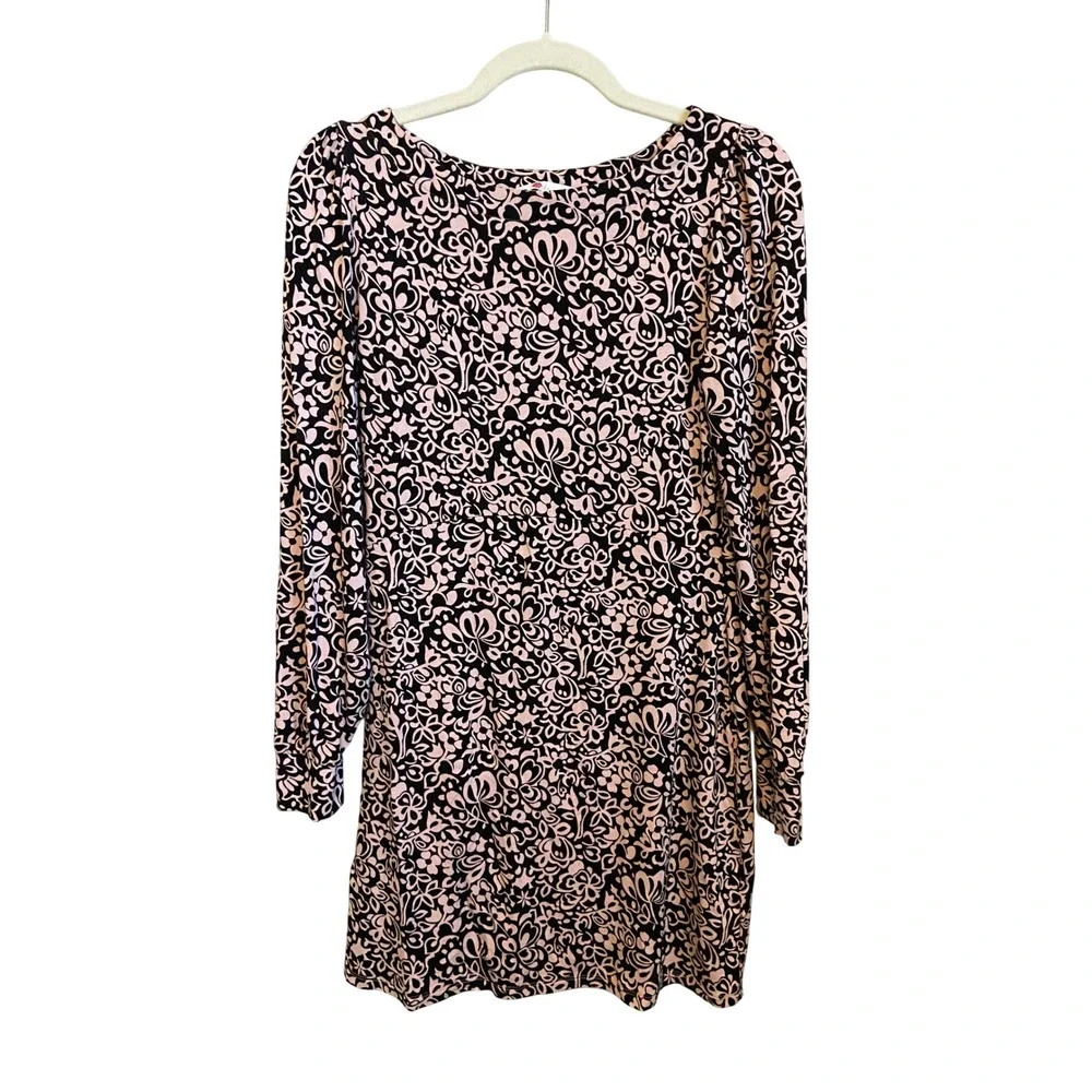 Boden Pink Black Floral Paisley Long Sleeve Mini Dress Scoop Neck US 4R